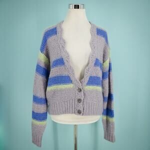 Free People Size XS Fine Time Stipe Button V Neck Oversized Wool Alpaca Cardigan